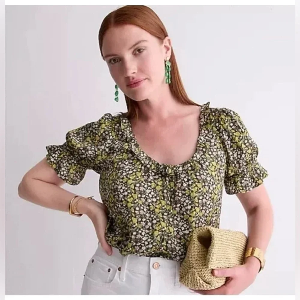 J. Crew Olive Green Floral Puff Sleeve Blouse